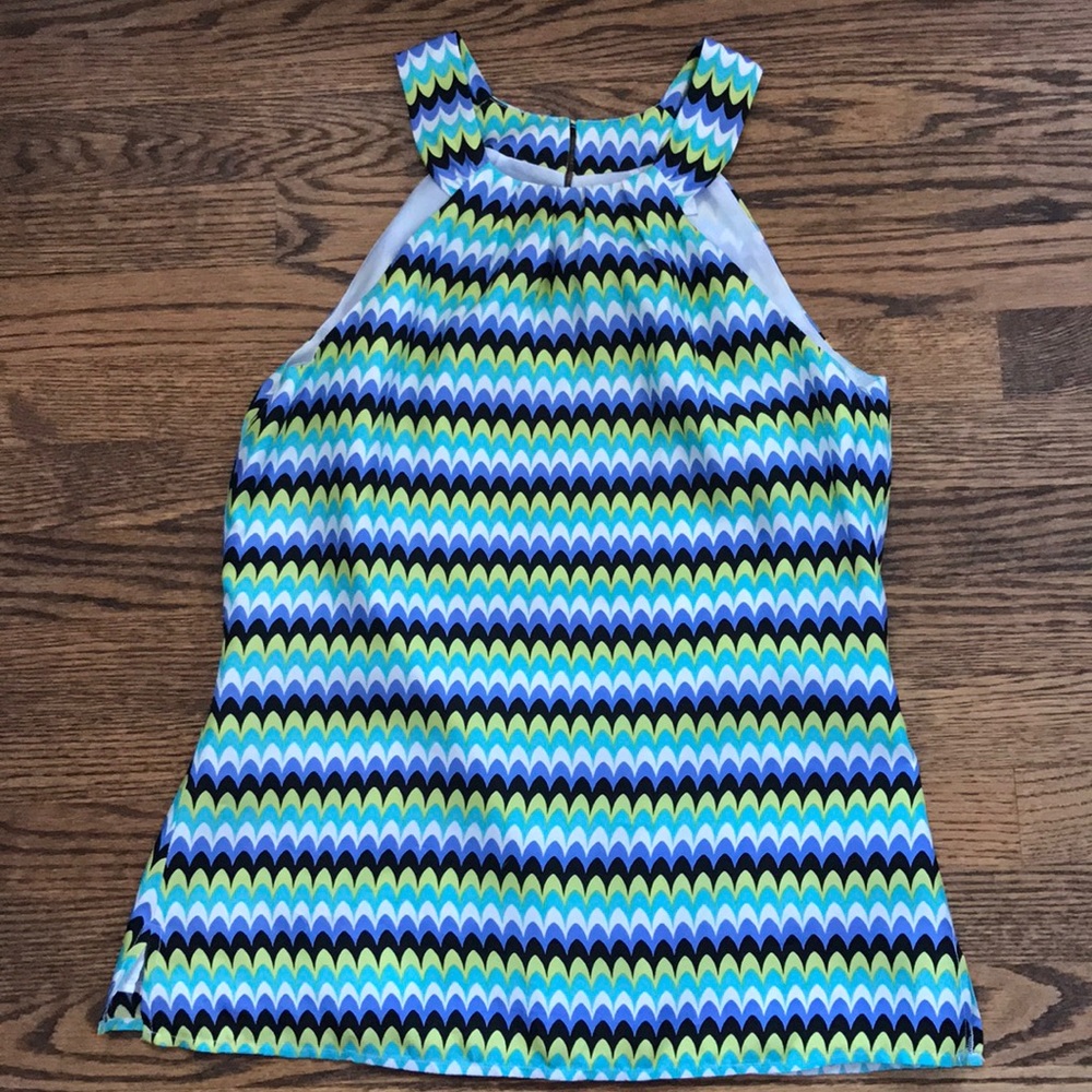Skirtin Around silk halter top geometric blue grn